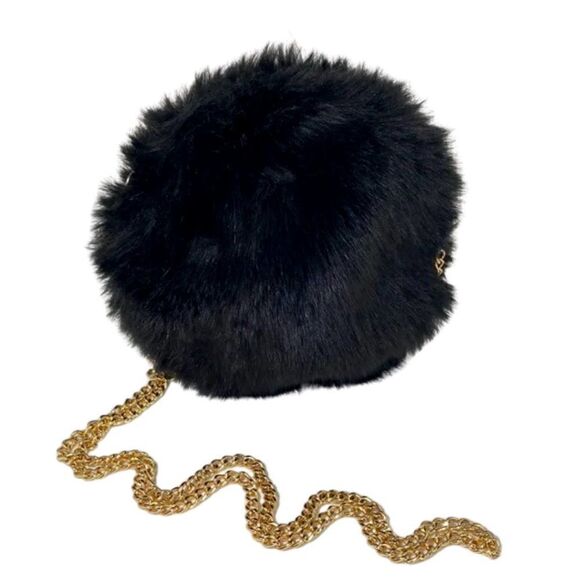 NWOT Retro Style Black Fluffy Faux Fur Gold Chain Strap Mini Crossbody - Picture 1 of 7